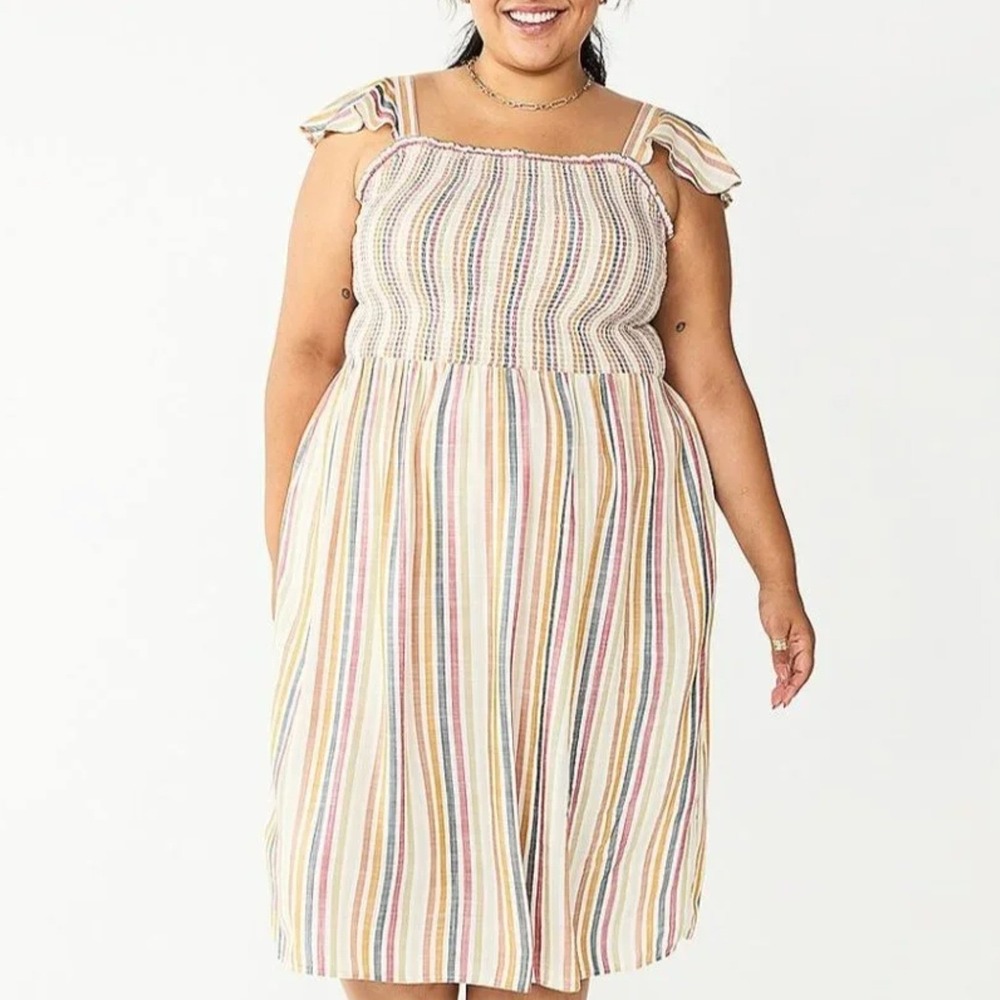 Sonoma 4X Striped Smock Mini Ruffle Dress Pride Boho Summer Plus Cottage Hippie